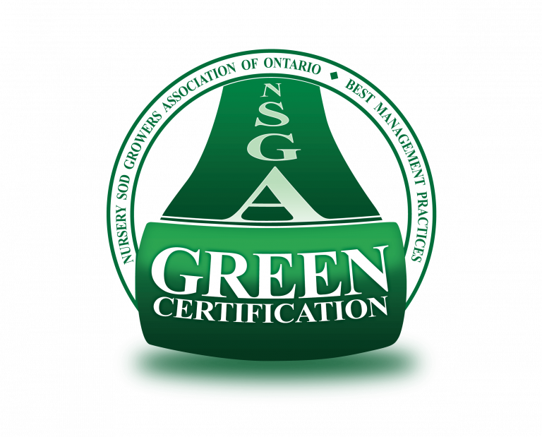 This is an emblem featuring a green cap with "GREEN CERTIFICATION" and "NSGA" on it. It signifies environmental standards, possibly related to horticulture.