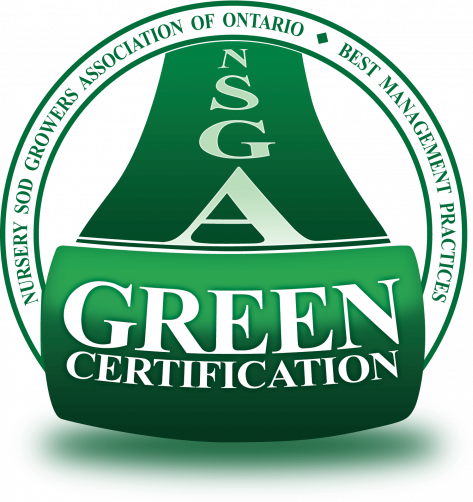 The image shows a green certification seal that includes text identifying it with the Nursery Sod Growers Association of Ontario and endorsing best management practices.