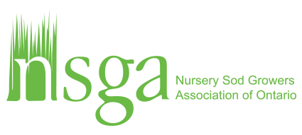 The image shows a green logo for the Nursery Sod Growers Association of Ontario, represented as "NSGA" with grass-like design elements above the letters.