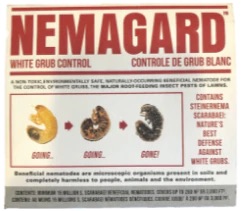 The image displays a label for "NEMAGARD WHITE GRUB CONTROL" with text in English and French, featuring images of grub life stages and a claim of environmental safety.