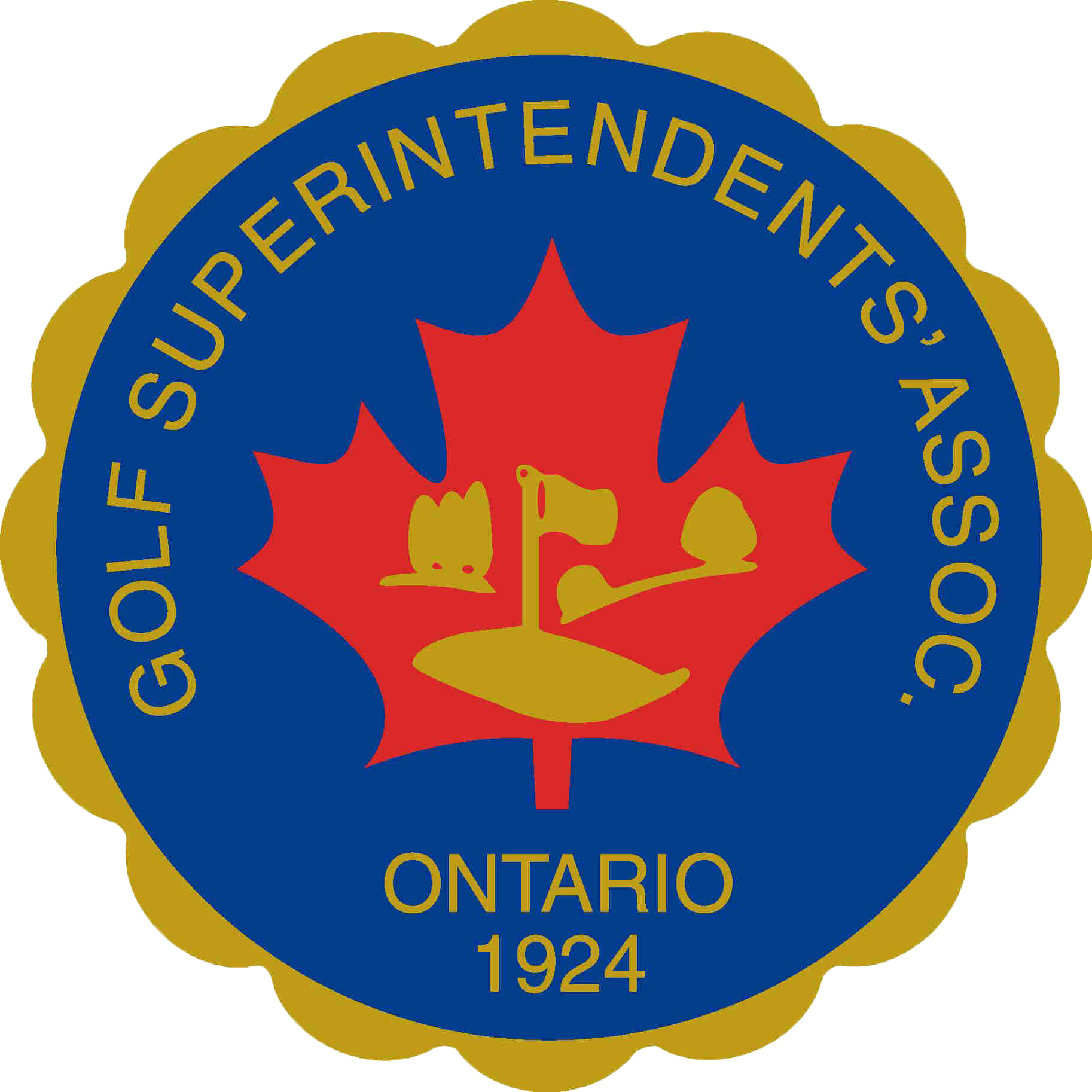 This image is a colorful emblem for the Golf Superintendents Association of Ontario, established in 1924, featuring a maple leaf and golf imagery.