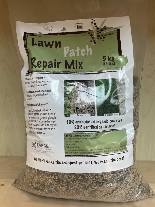 A 5 kg bag of Lawn Patch Repair Mix, containing 80% granulated organic compost and 20% certified grass seed, with application instructions and a branded logo.