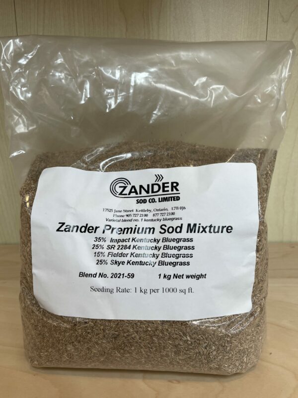 A sealed plastic bag labeled "Zander Premium Sod Mixture" contains a blend of Kentucky Bluegrass seeds with details like percentages and seeding rate listed.