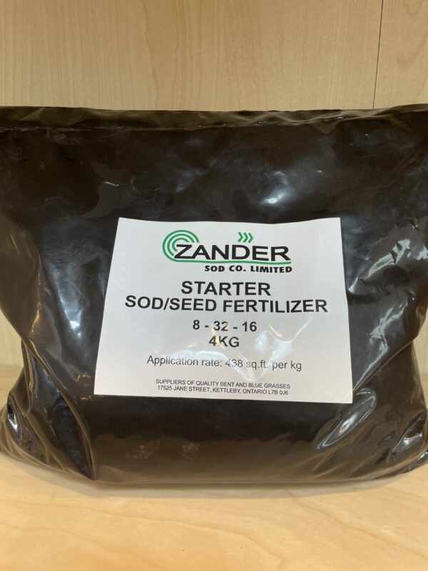 A 4kg bag of starter sod/seed fertilizer from Zander Sod Co. Limited, with application details and contact information on the label.