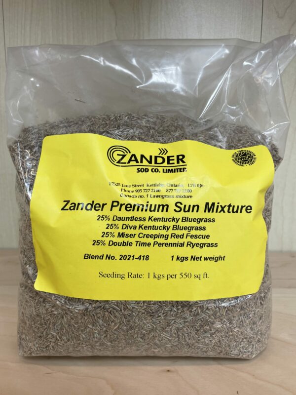 A plastic bag of Zander Premium Sun Mixture grass seed, detailing percentages of Kentucky Bluegrass and Ryegrass varieties, 1 kg net weight, with seeding instructions.