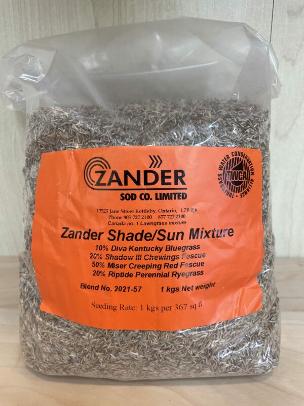 A plastic package of Zander Shade/Sun Mixture grass seed with product details and blend percentages listed, weighing 1 kg, from Zander Sod Co. Limited.