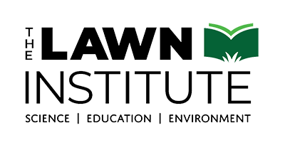 The image displays a logo for "The Lawn Institute" with the words "science," "education," and "environment" below, featuring an open book with a green, grass-like page.