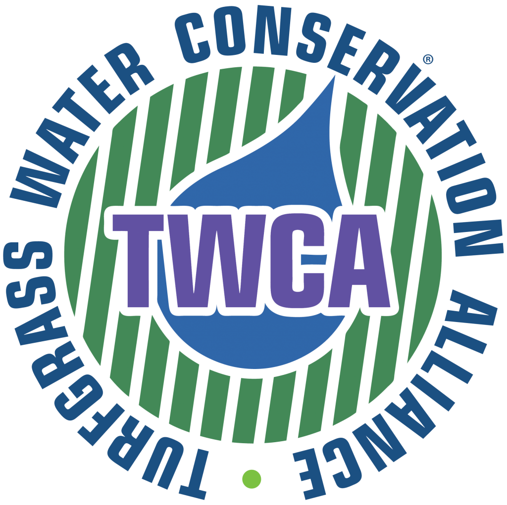 This is a logo featuring a blue water droplet, green grass blades, and the acronym TWCA, emphasizing turfgrass water conservation.