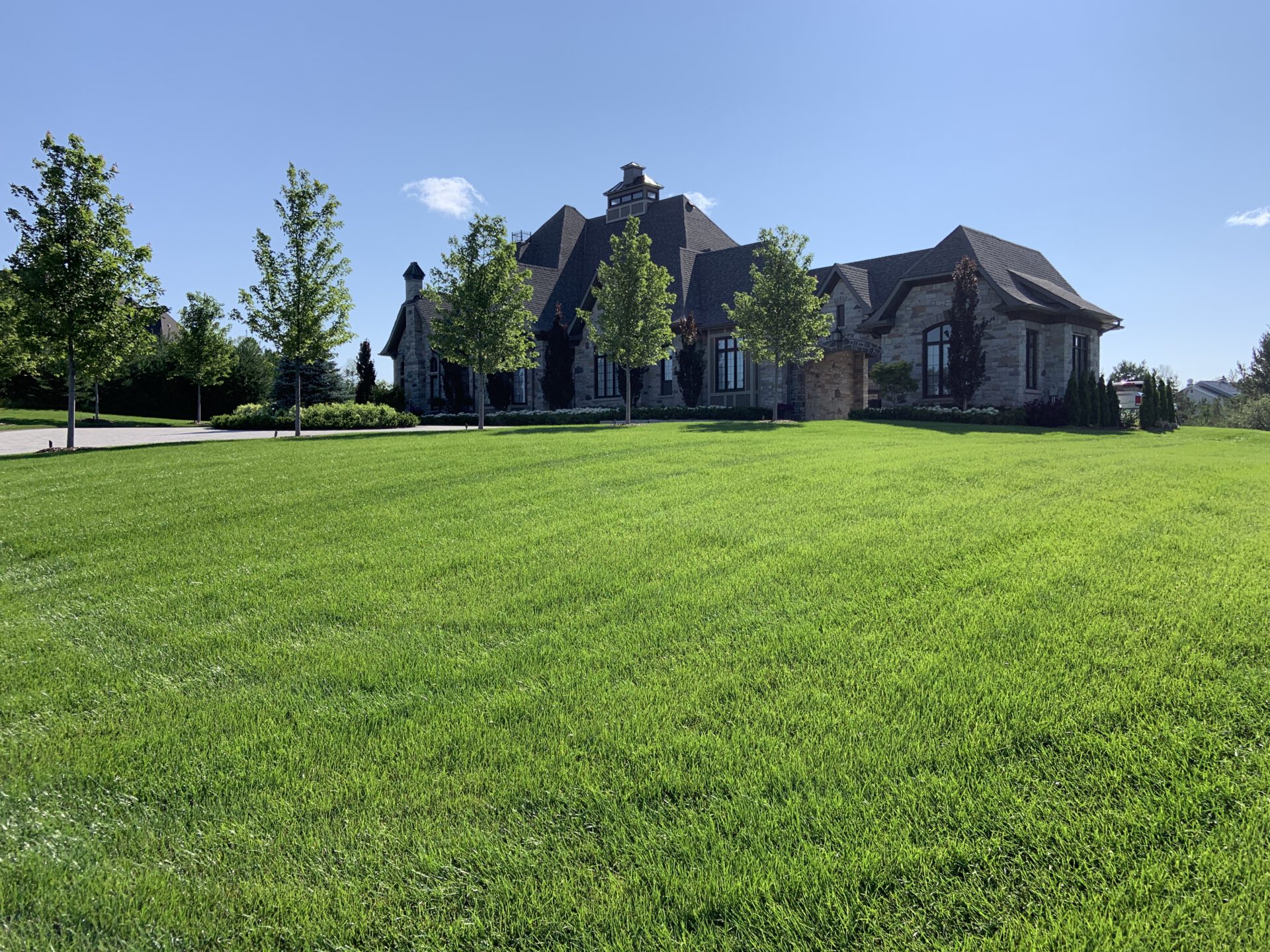 A large, elegant stone house with a prominent roof and multiple chimneys sits behind a lush green lawn under a clear blue sky.