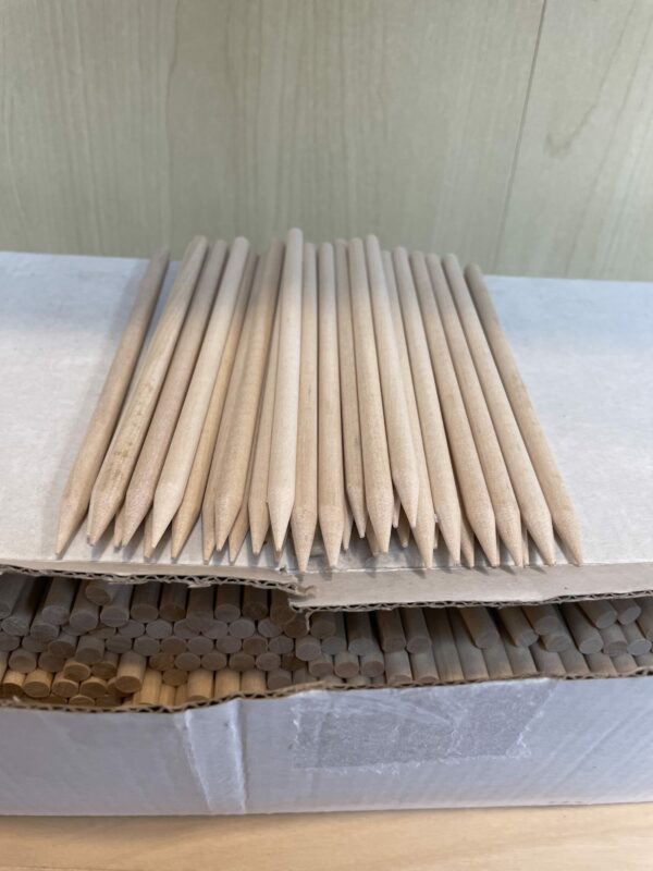 A box of incense sticks partially opened, showing the wooden ends arranged in a staggered pattern on a flat surface against a wood-grained backdrop.