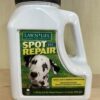 A Lawn Life Spot Repair container with a Dalmatian dog image on the label, indicating a 2-in-1 quick, easy, and natural lawn repair product.