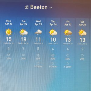 BEETON WEATHER!!  Next week is warming up…