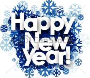 Words that say "Happy New Year!" with blue snowflakes