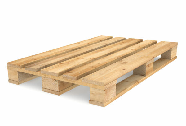 This is an image of a standard wooden pallet, typically used in the transportation and storage of goods, isolated on a white background.