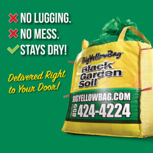 A photo of a BigYellowBag with the words "No lugging, No mess, stays dry and delivered right to your door".